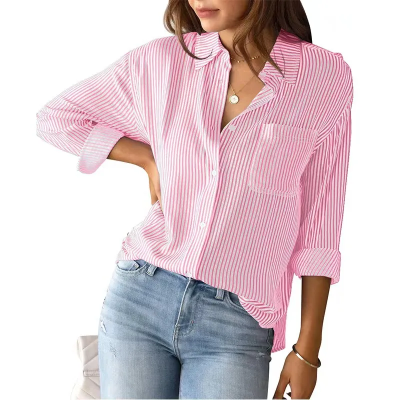 Chemise pour femme chemise pour femme designer cottona chemise boutonnée chemise de travail de bureau à manches longues à col classique rayée avec poche manches longues décontractées