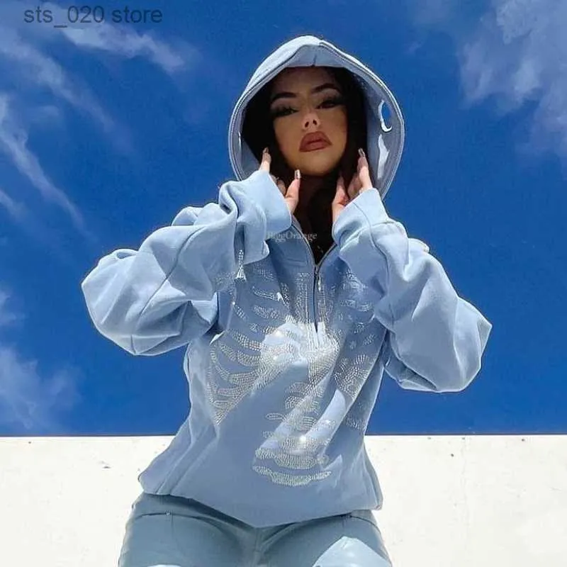 Women s Full Zip Skull Rhinestone Hoodie Streetwear Sweatshirts Women Oversized Jackets Clothes 2022 Autumn Y2k Grunge Fashion Hoodies T230727