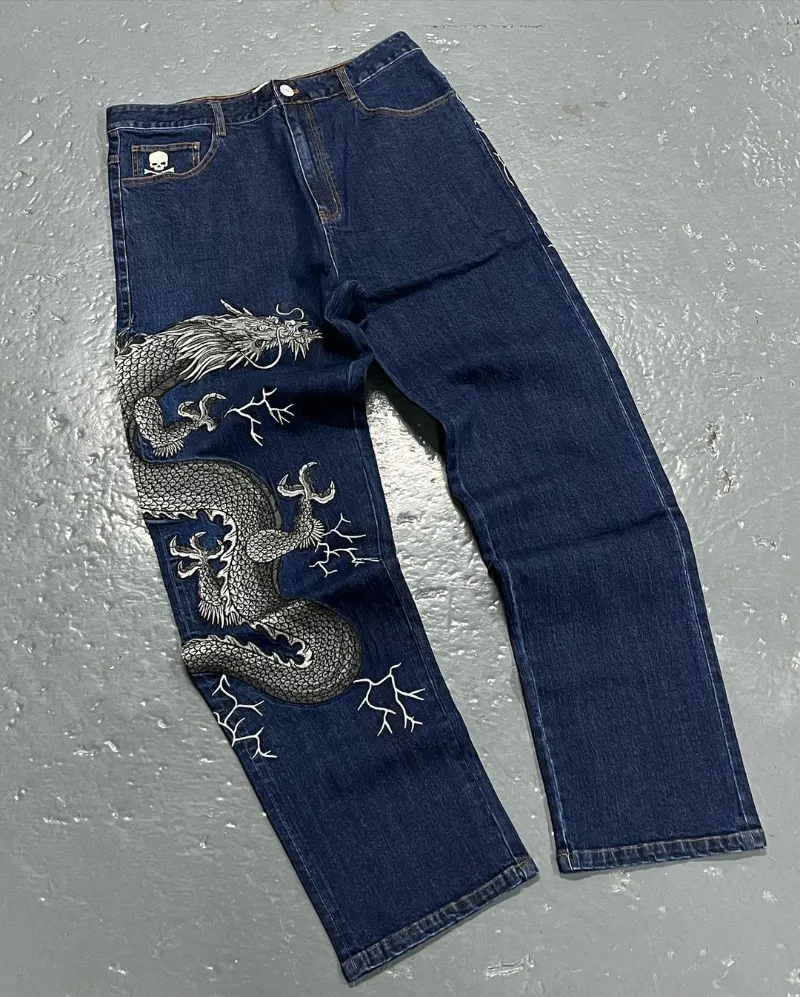 Mäns jeans drake mönster tryckt jeans män amerikansk street trend hip hop löst jeans mode alla matchar vintage breda ben byxor 230726