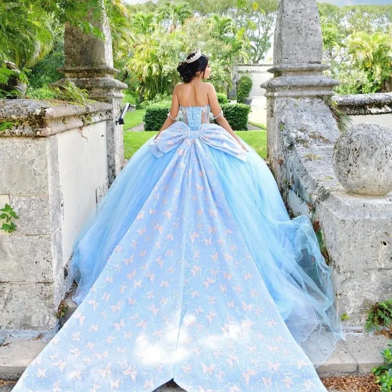 Céu Azul Com Grande Laço Quinceanera Vestidos Vestido de Baile Sem Mangas Cristal Borboleta Tull Vestidos De 15 Anos