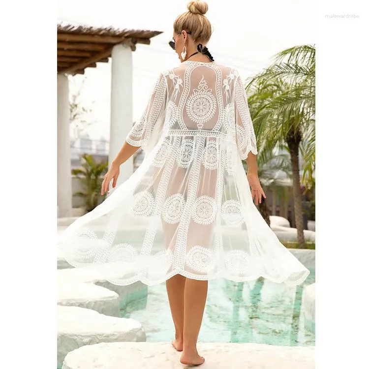 Women's Swimwear Long Lace Cardigan Sun Protection Suit Summer Vacation Beach Sexy Jacket Girl Sweet Hollowed Out Bikini Tops