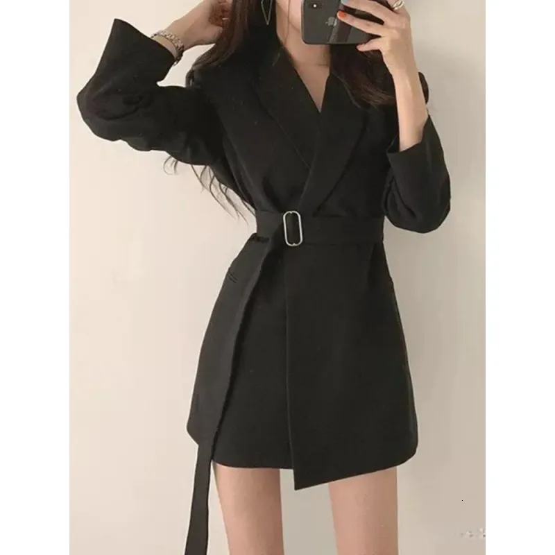 여자 정장 블레이저 패션 여자 블레이저 슈트 중간 길이의 레트로 벨트 기질 Jaet Office Wear Fall for Women Coats 230727