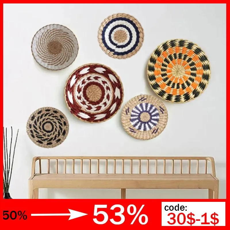 Cortinas estilo nórdico ins palha rattan decoração de parede redonda cesta de rattan decoração de parede rattan artesanato quadro de suspensão de parede tecido à mão pendurado