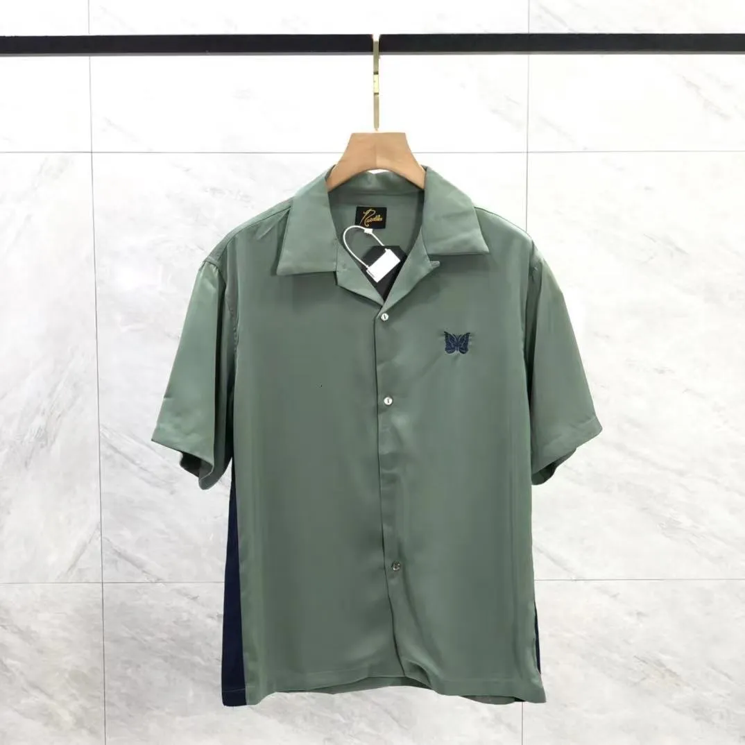 Mens Casual Shirts Summer Butterfly Needles Short Sleeve Men Women 1 Green Blue Seam Cut Blouse AWGE Single Breasted Buckle Tops 230726