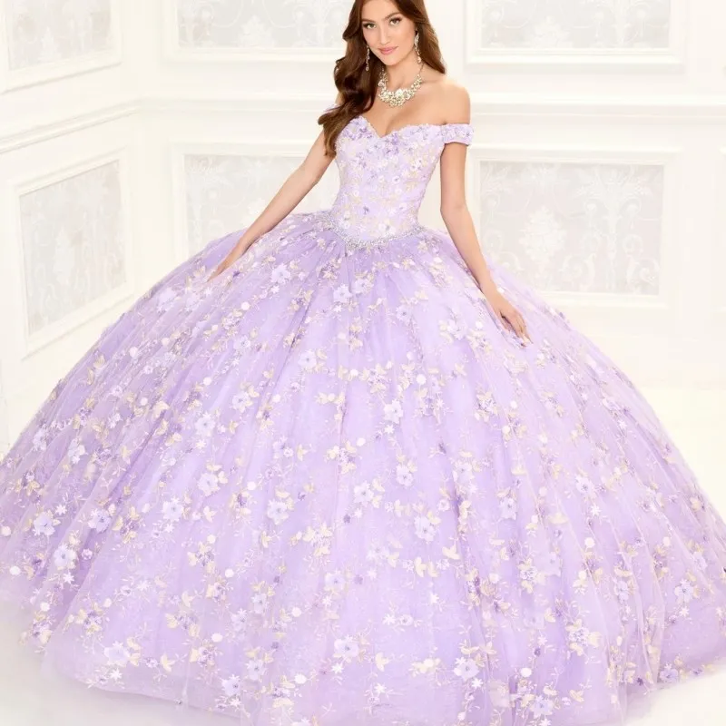 Lavendel Uit de Schouder Baljurk Quinceanera Jurken Applicaties Kant Crystal Cinderella 16 Prinses Toga Vestidos De 15 Anos