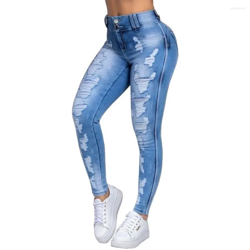 Kvinnors jeans plus storlek ljus tvättade höga midja täta damer kausala hål kvinnliga byxor kvinnor mager rippade denim byxor