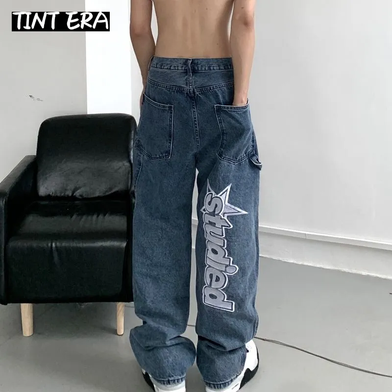 Męskie dżinsy odcień do ucha Hiphop list haft y2k dżinsowe dżinsy luźne proste spodnie szerokie spodnie dla mężczyzn pary ładunki streetwearu koreańskie 230727