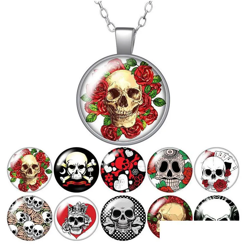 Anhänger Halsketten Rose Skl Punk Runde Halskette 25mm Glas Cabochon Silber vergoldet Schmuck Frauen Party Geburtstagsgeschenk 50 cm Drop Lieferung Pe Dh5Gx