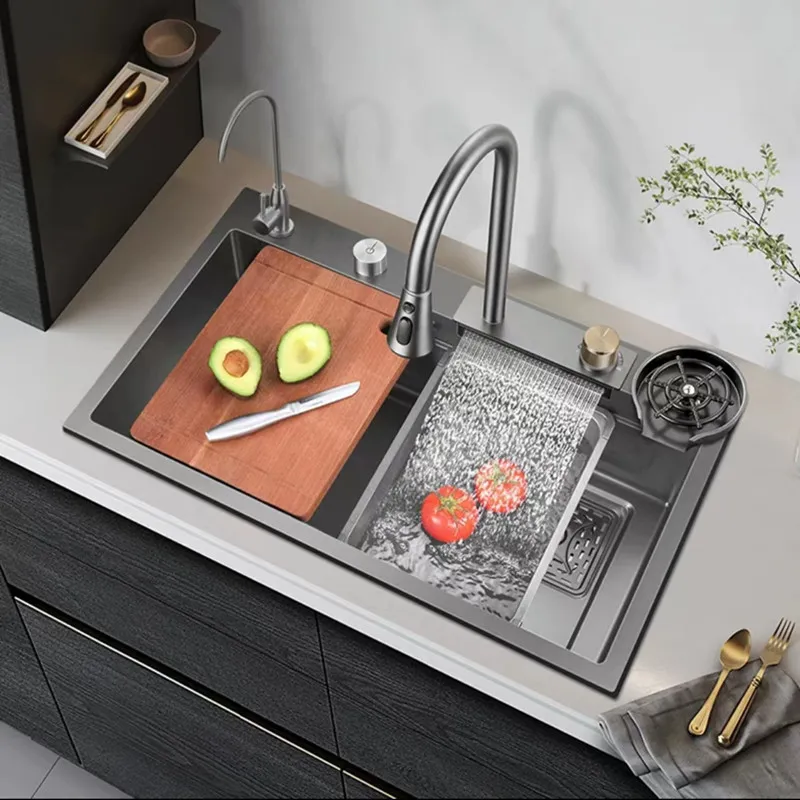 Kitchen Sink 304 Stainless Steel Waterfall Sink Gun Gray Kitchen Sink Multi-Function Ladder Type Large Single Sink