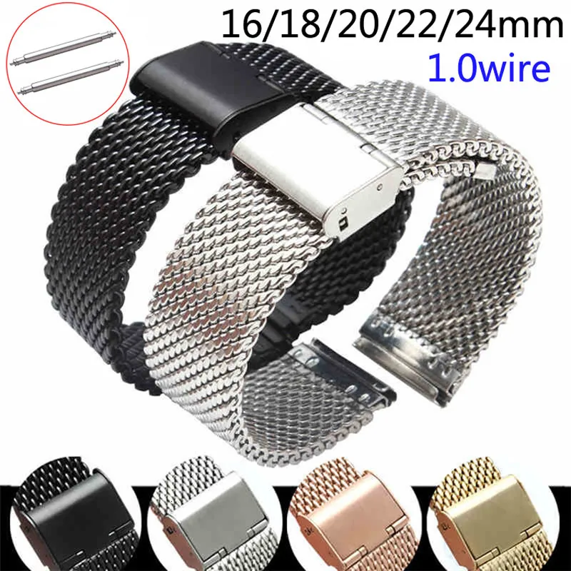 Bracelets de montre Bracelet de remplacement 16mm 18mm 20mm 22mm 24mm Acier inoxydable ML Boucle Meshed Band Poignet Bracelet Fold Boucle Pins 230727