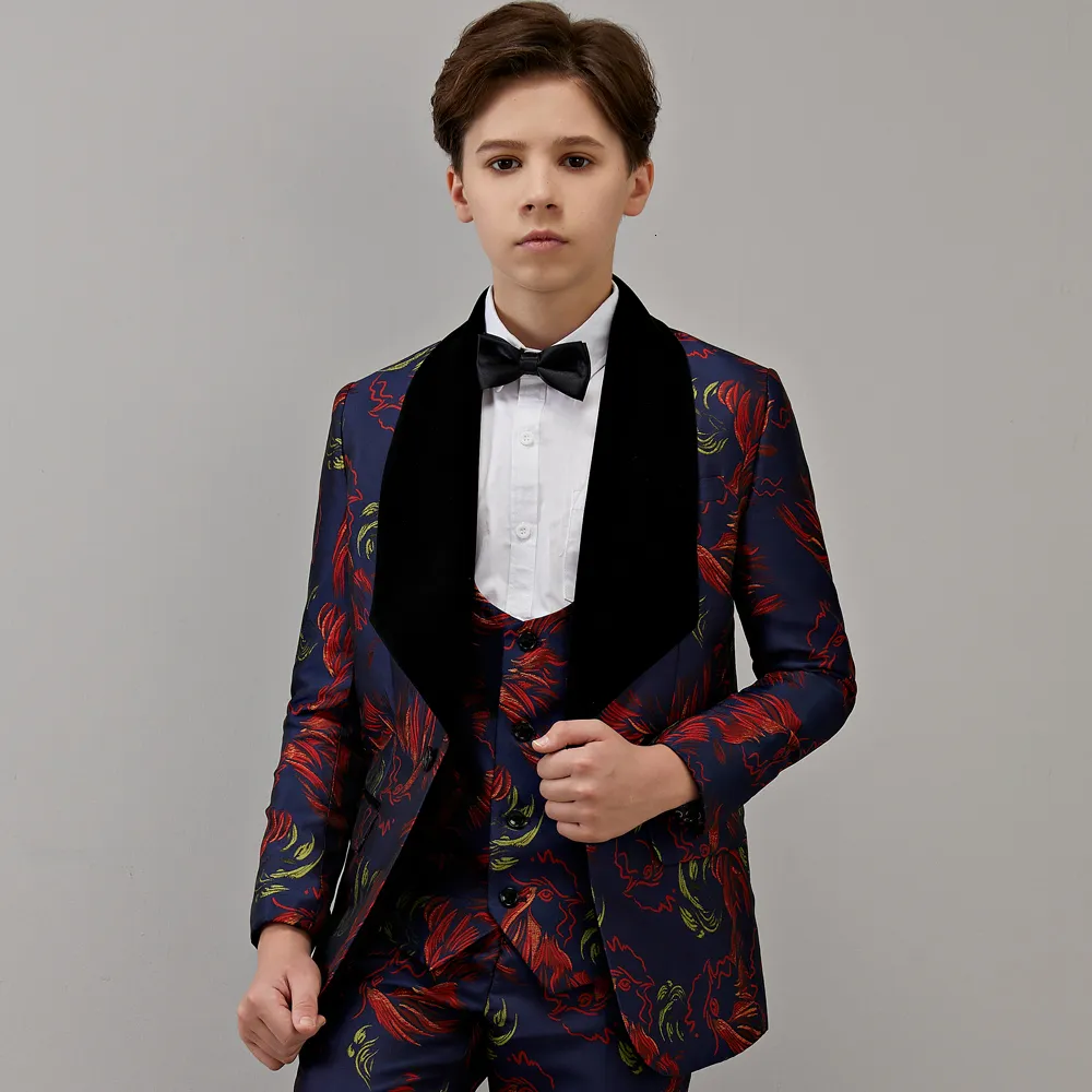 Costumes Enfant Bule Robe Formelle Costume Ensemble Beau Britannique Fleur Garçon De Mariage Hôte Piano Costume Enfants Blazer Gilet Pantalon Bowtie Outfit 230726