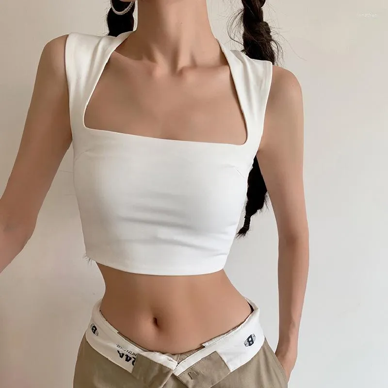 Women's Tanks Summer 2023 Solid Color Sexy Spice Girl Skinny Crop Tops Square Neck Sleeveless Wide Shoulder Slim Short Tank Sports