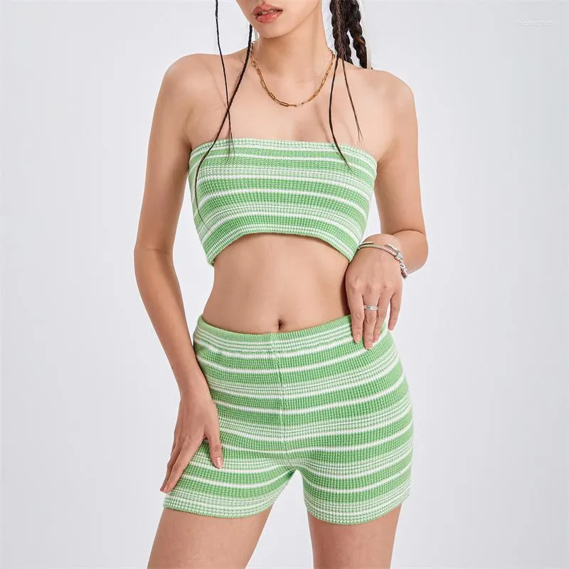 Conjuntos de agasalhos femininos listrados verdes com 2 peças de verão roupas de verão com ombros descobertos sem alças tops e shorts tops e shorts streetwear