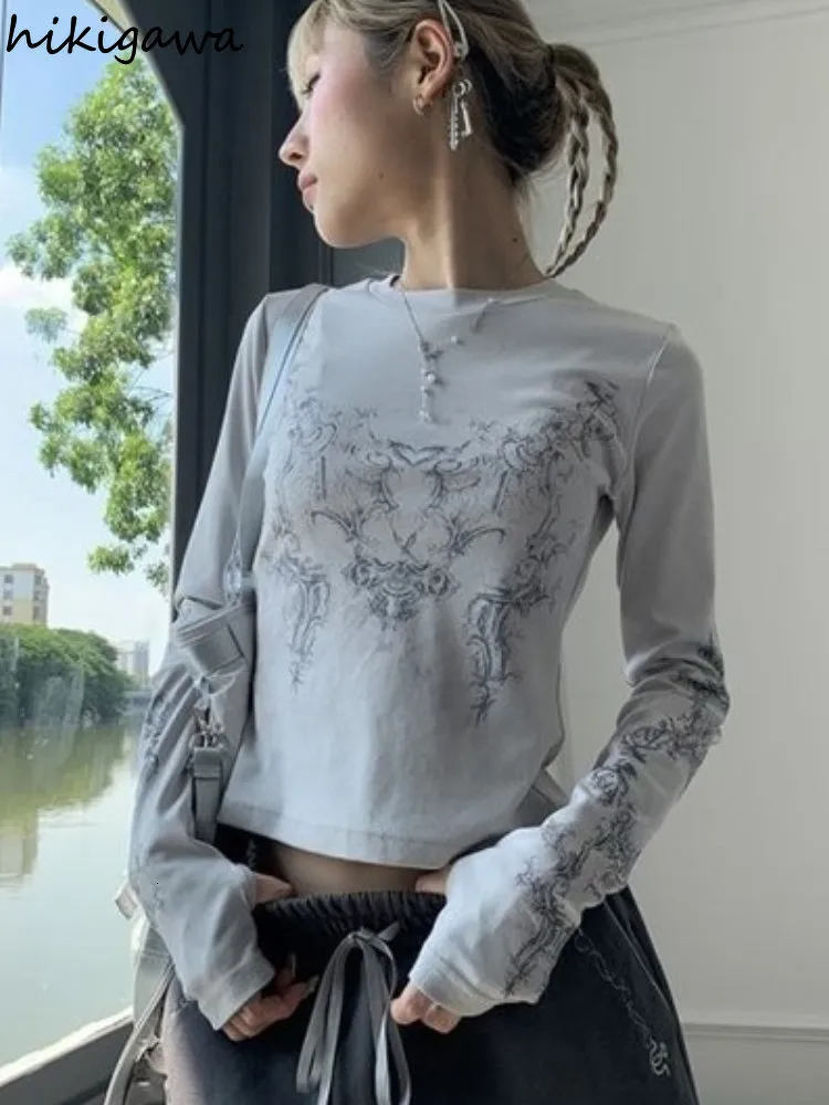 女性のTシャツビンテージ女性服y2k TシャツBlusas Mujer de Moda o-neck長袖プリントチュニックウーマンファッションカジュアルトップ230727