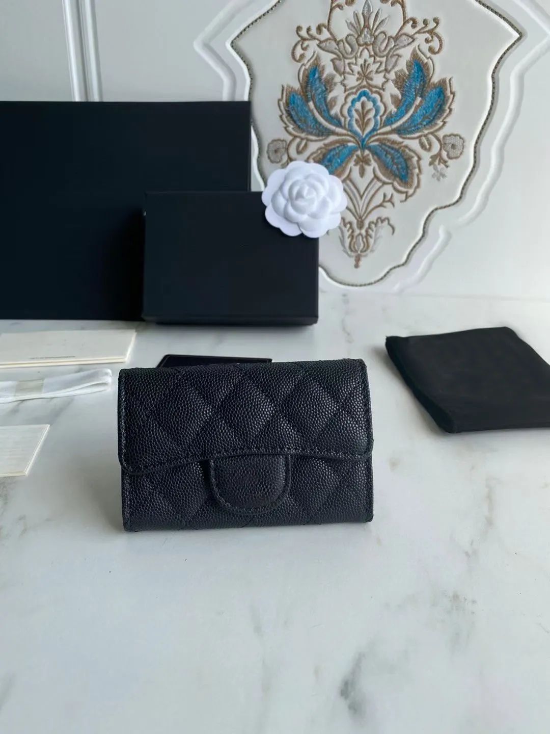 10A super original Qualité Womens Wallet Real Leather Caviar Card Holder Black Quilted Purse avec boîte Lady Credit Card Wallets Lux306t