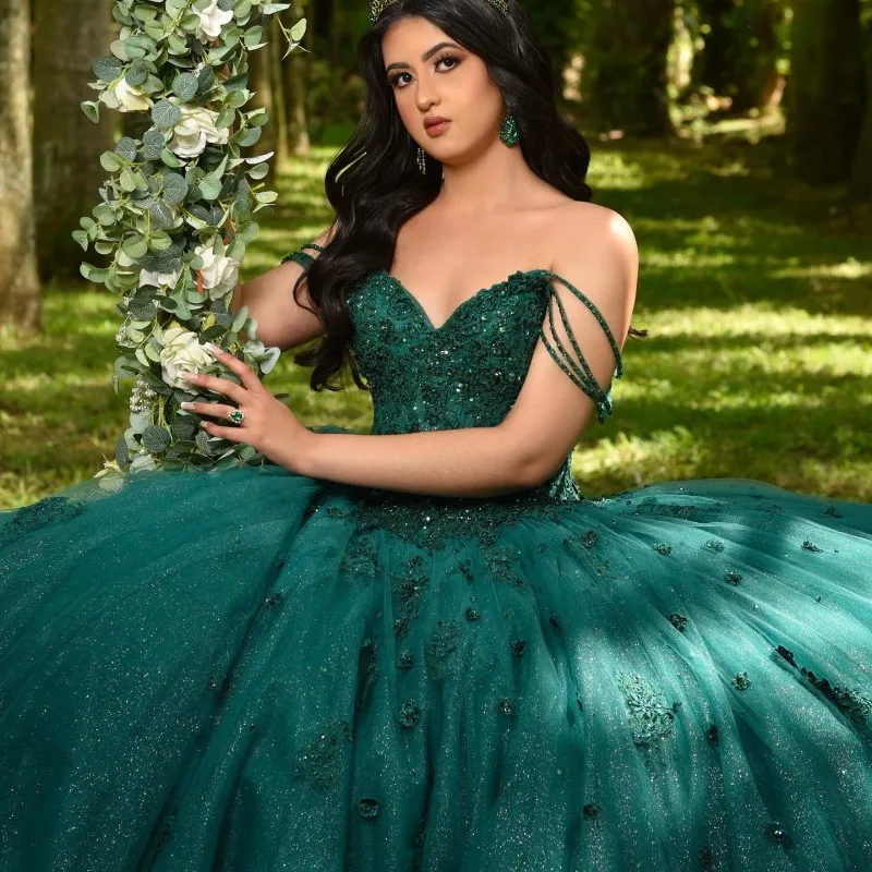 Vintage Emerald Green Ball Gown with Shiny Accents, Lace-Up Back, and Appliques for Girls' Quinceanera Emerald Green Birthday Dress - 15 Years Old