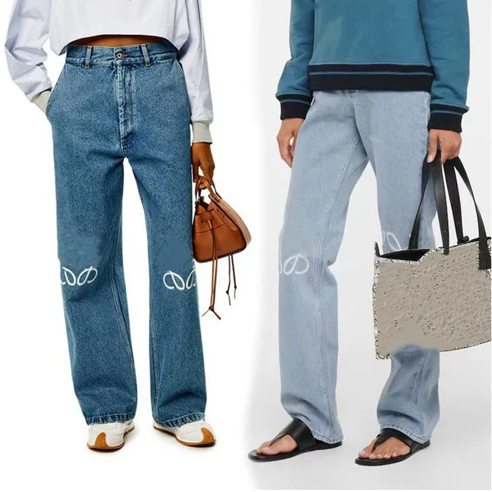 Jeans da donna firmati per uomo Arrivi Vita alta Street Toppa scavata Decorazione ricamata Pantaloni casual in denim blu dritto Jeans di lusso da uomo Pantaloni da lavaggio