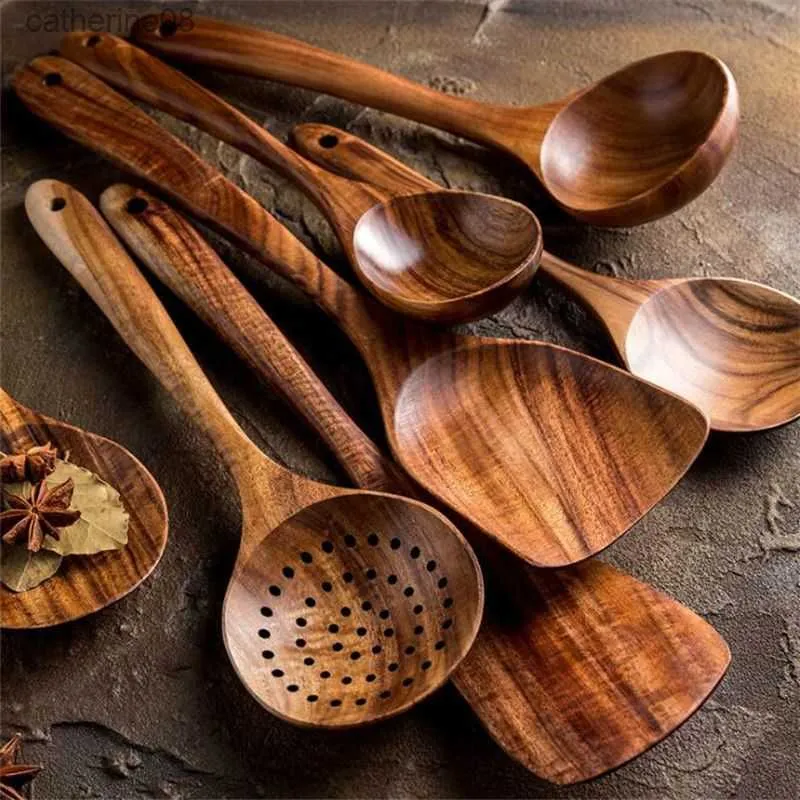 7pcs Tajlandia Teak Gotowanie łyżka naturalna drewniana buta stołowa narzędzie stołowe kadzi Turner Ryż Zupa Skimmer Scoop Scoop Peensils L230621