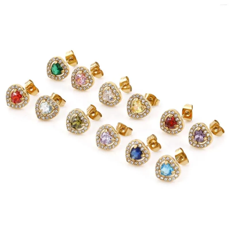 Stud Earrings Stainless Steel Heart Ear Post Gold Color Micro Pave Birthstone 10mm X Wire Size: (20 Gauge) 1 Pair