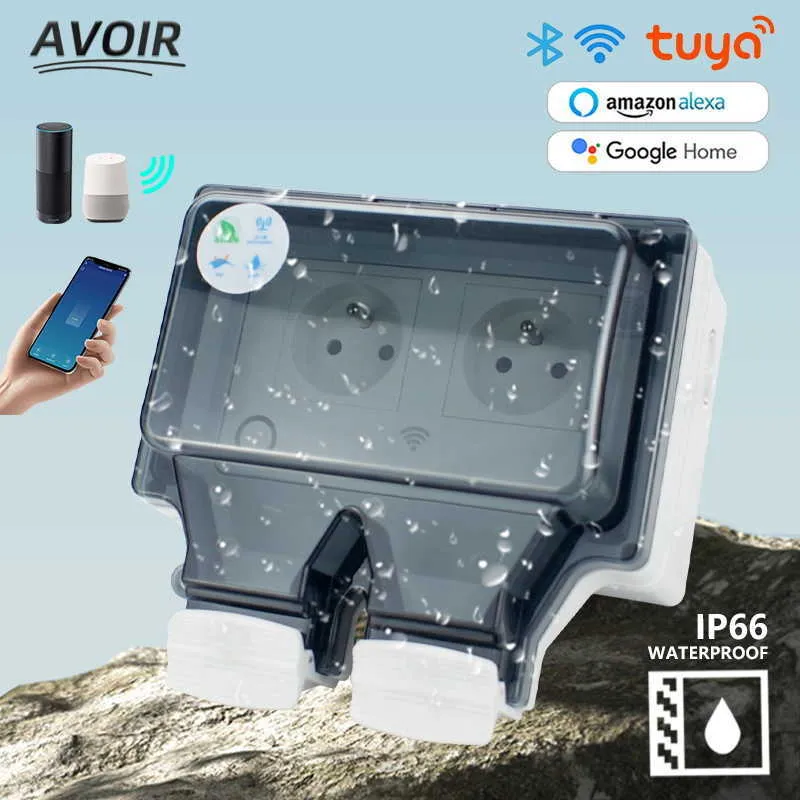 Smart Power Plugs Avoir Tuya Smart IP66 Waterproof Socket Wifi Control French Standard Outdoor Dustproof Power Outlets Work With Alexa Home HKD230727