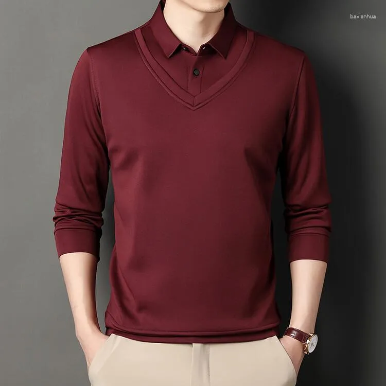 رجال Polos 2023 Polo Shirt Business Long Sleeve Solid Color Classy Slim Fit Plush عالية الجودة وأعلى ثخانة