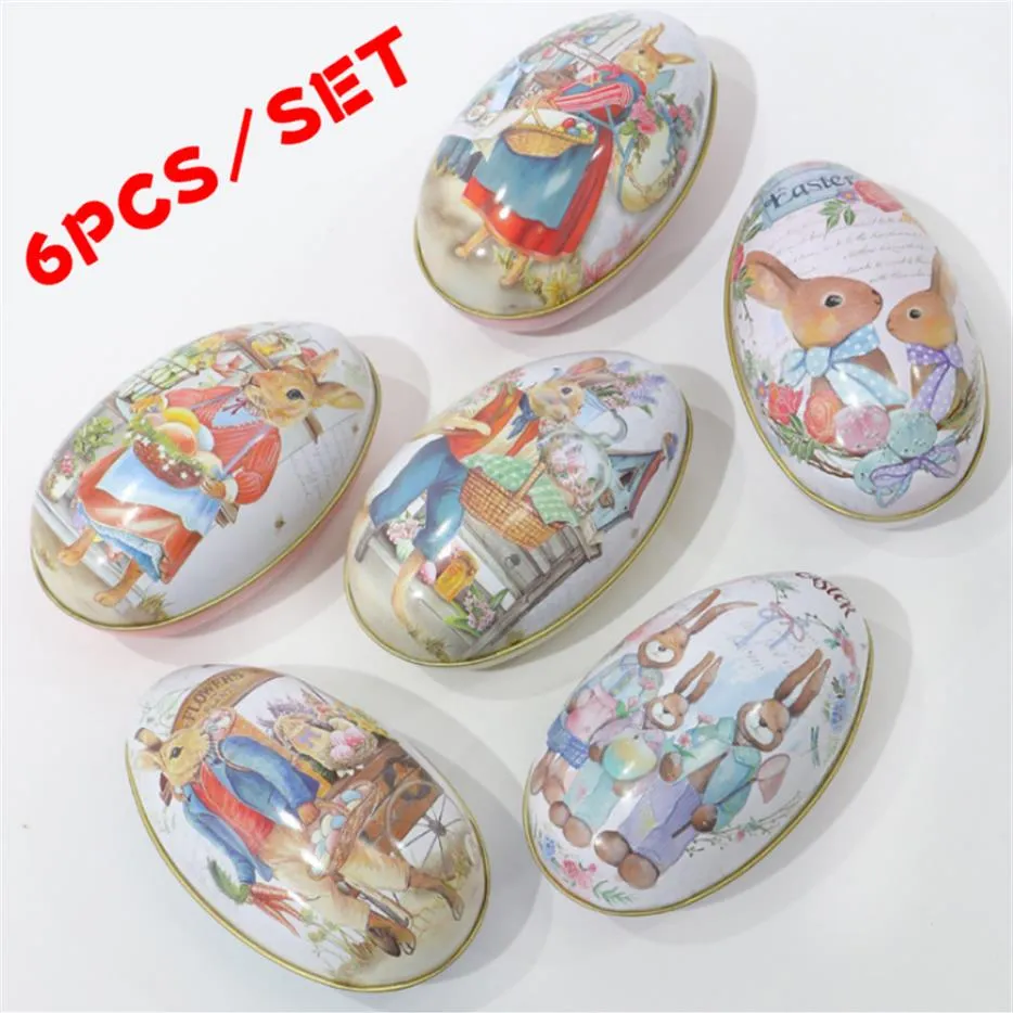 6 Pieces Easter Bunny Dress Printing Alloy Metal Trinket Tin Easter Eggs Shaped Candy Box Tinplate Case Party Decoration Z1123183s