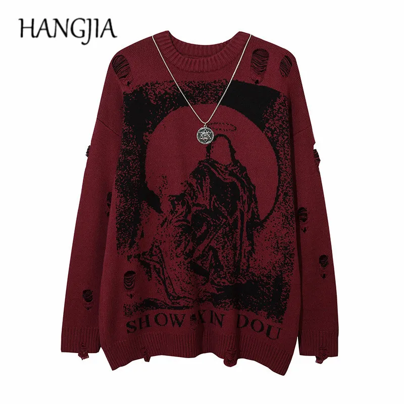 Maglioni da uomo Harajuku Priest Salvezza Stampata Maglieria Streetwear Hip Hop Distrutto Buco Strappato Pullover Maglione Uomo Oversize 230726