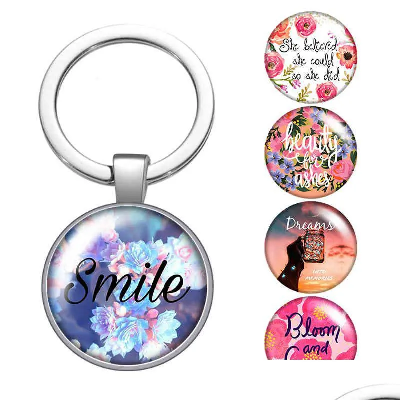 Keychains Lanyards Flower Smile Dream Words Glass Cabochon Keychain Bag Car Key Chain Ring Holder Charms Sier Color For Men Women Gi Dhogv