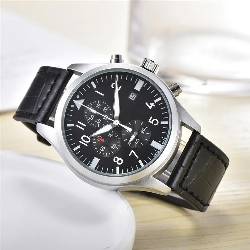 Relojes de moda para hombre Reloj piloto Todo Dial Trabajo Movimiento de cuarzo Cronómetro Correa de cuero Reloj de pulsera deportivo Splash Diseño impermeable 198h