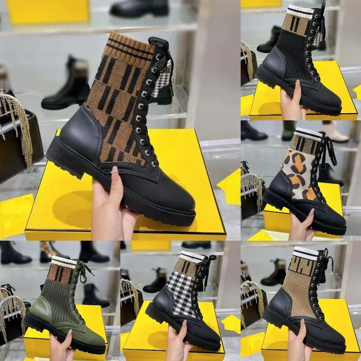 Designer boots luxury booties martin Women lace up, brand fashion with heel multiple styles black brown fabric elastic high heel shoes riding outdoor Size 35-41