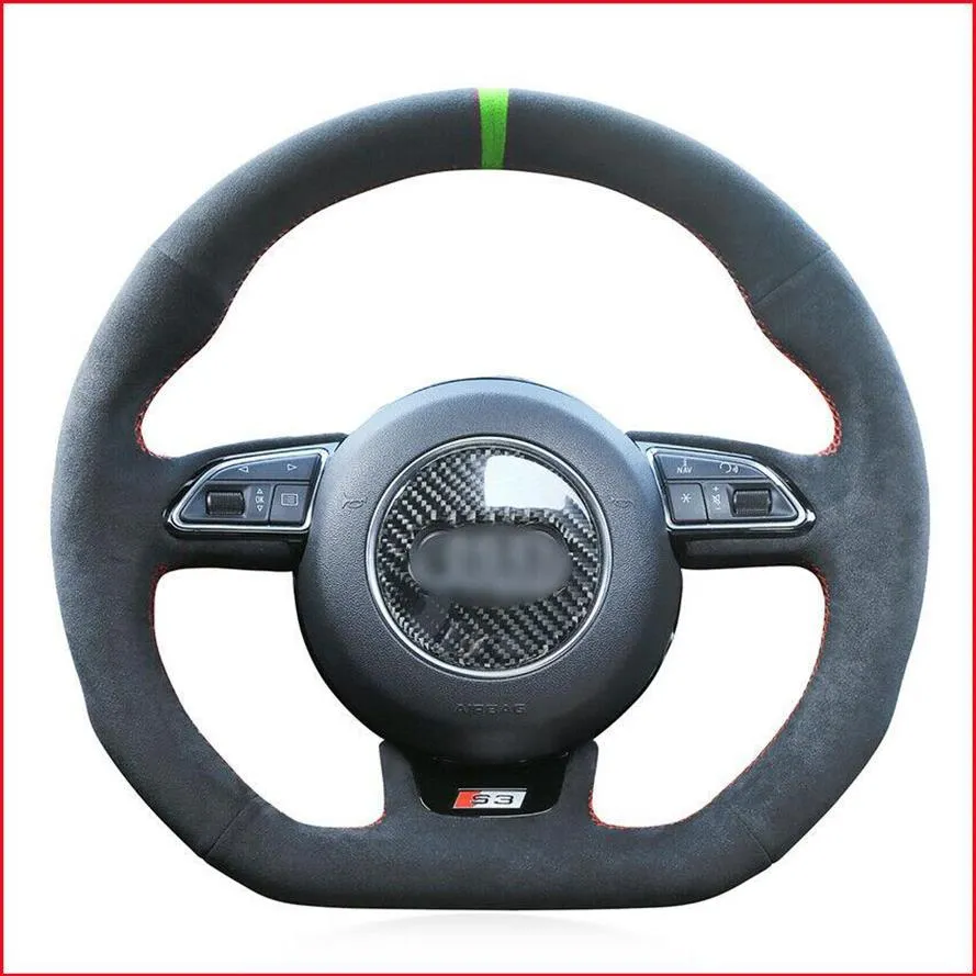 Cobertura de volante de carro feita sob encomenda antiderrapante de camurça preta DIY para Audi S1 8X S3 8V Sportback S4 B8230c