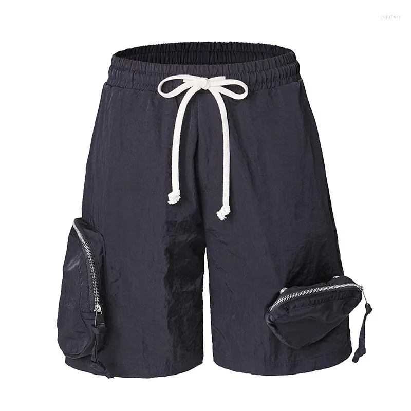 Mäns shorts avtagbara pocekts streetwear casual last män retro bred ben rak fast färg överdimensionerade sommar knä längd byxor