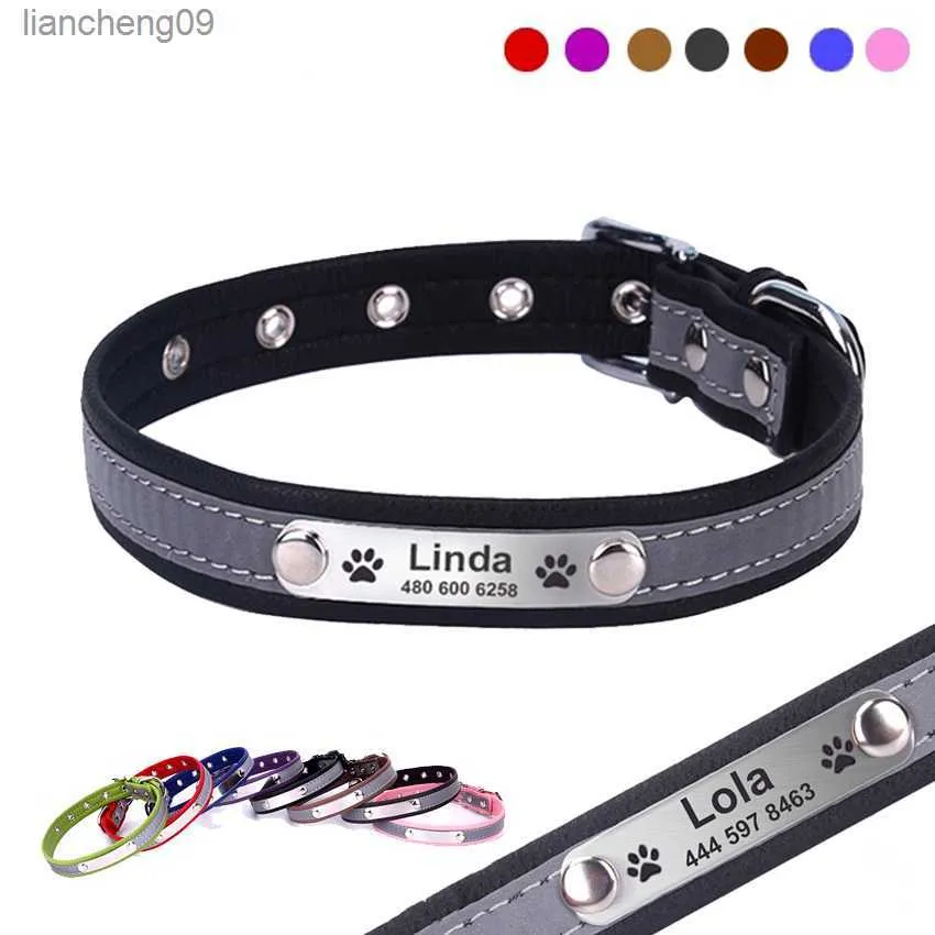 Personalized Dog Collar Leather Reflective Cat Collar Custom Engraved ID Tag Engraved For Puppy Large Dogs Pet accessories L230620