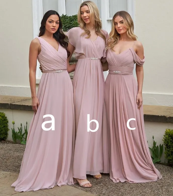 chiffon and satin mixed bridesmaid dresses A-line Chiffon Off the Shoulder Ruffles Long Bridesmaid Dress with Sleeves