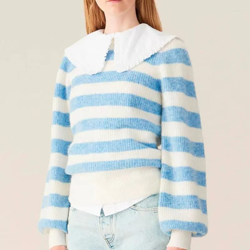 Kvinnors tröjor Mohair tröja Autumn and Winter 2023 Loose Blue White Striped Sticked Top