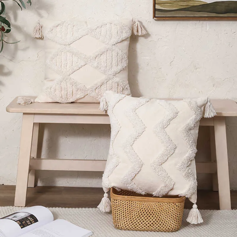 Cuscino/fodera decorativa per cuscino trapuntata in morbida lana con nappa geometrica, copertura in stile nordico marocco per soggiorno, divano, decorazioni per la casa