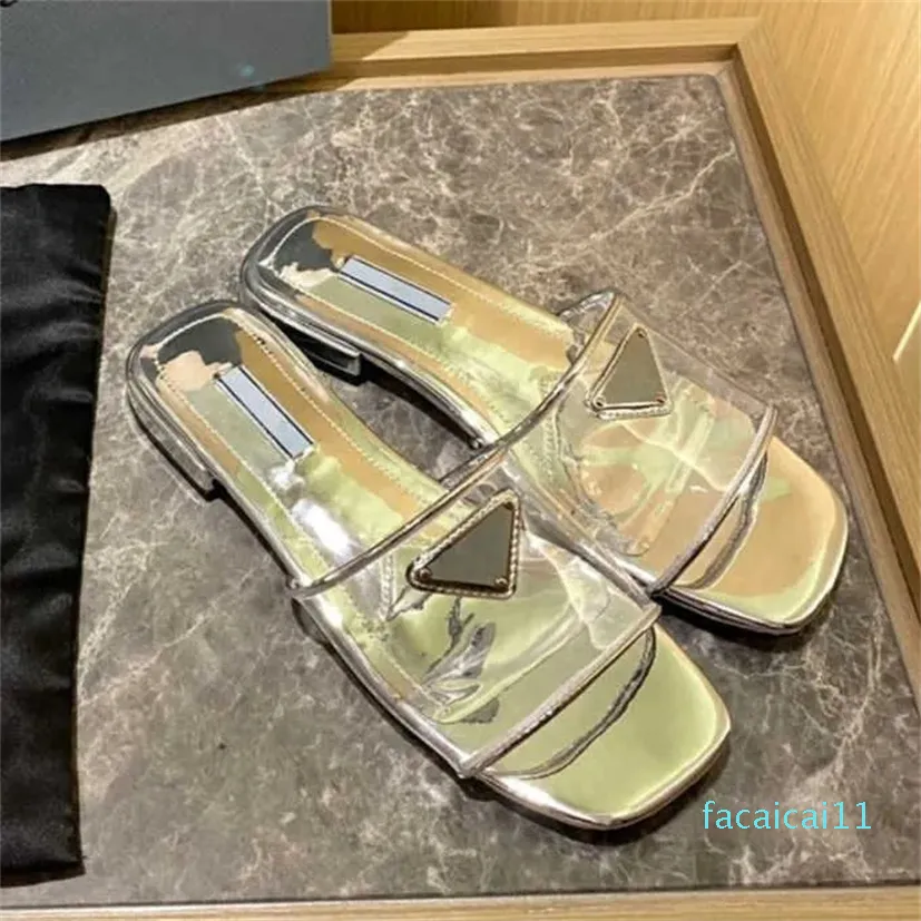 Clear PVC tofflor glider sandaler klackade platta klackar öppna tå skor kvinnor läder yttersula casual skor 1,5 cm