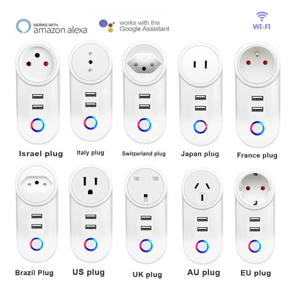 Smart Power Plugs US UE UK AU Israel Brazylia Wi -Fi Smart Socket Mobile Mobilna Wtyczka z ładowaniem USB Pilot Control Wsparcie Alexa 10A 16A HKD230727