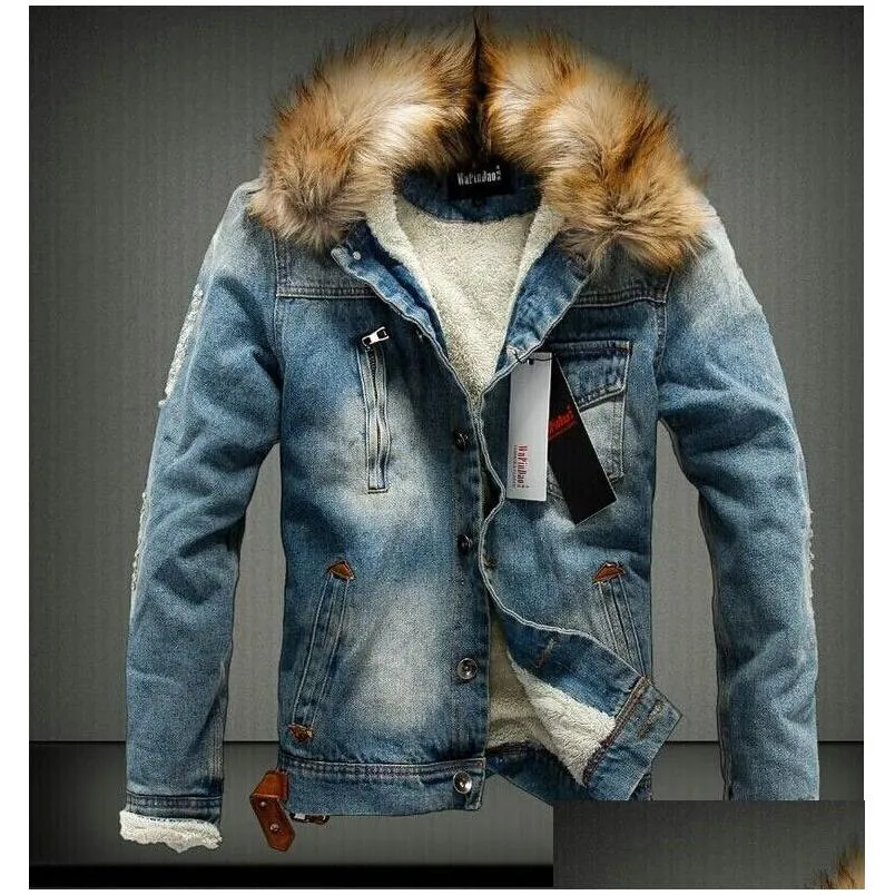 Jaquetas Masculinas Masculinas Designer Vintage Rasgado Preto Azul Denim Camisas de Cowboy Masculino Feminino Jaqueta de Inverno Casual Gola de Pele Casaco Drop Delive Dh5Sv