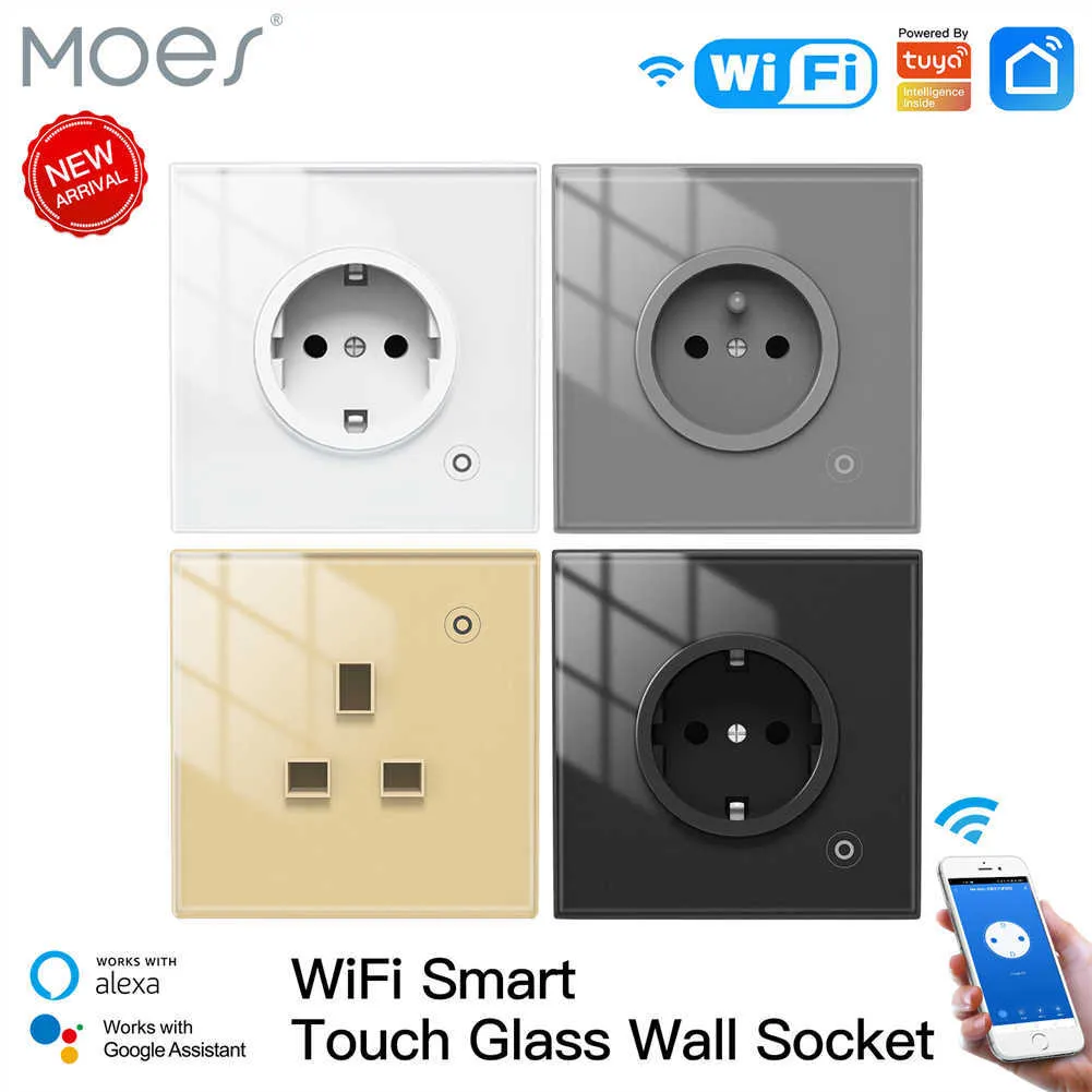 Slimme stekkers WiFi Tuya Smart Wall Socket Glass Panel Outlet Power Monitor Touch Plug Relay Status Light Mode Adjustable Smart Life App Alexa HKD230727