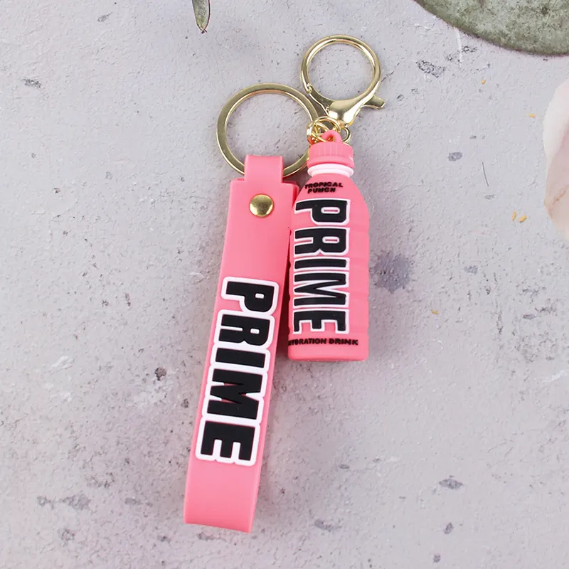 Keychains Lanyards Prime Drink Rubber Keychain Cute Bottle Key Chains Ornament Car Bag Pendant Keyring Z0033