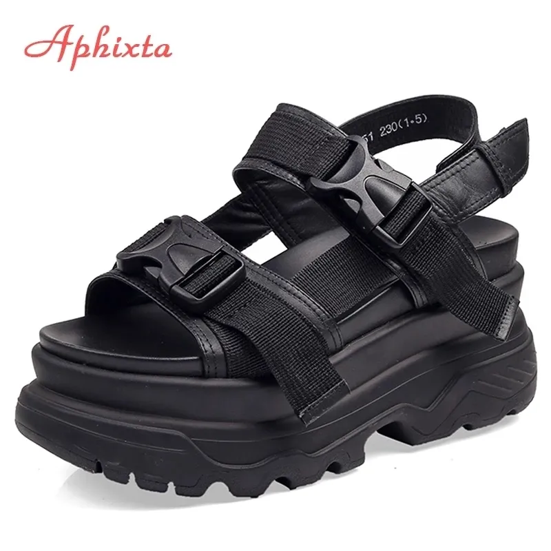 صندل Aphixta 8cm منصة الصندل نساء Wedge High Heels Shoes Women Buckle Leather Canvas Summer Zapatos Mujer Woman Randal 230726