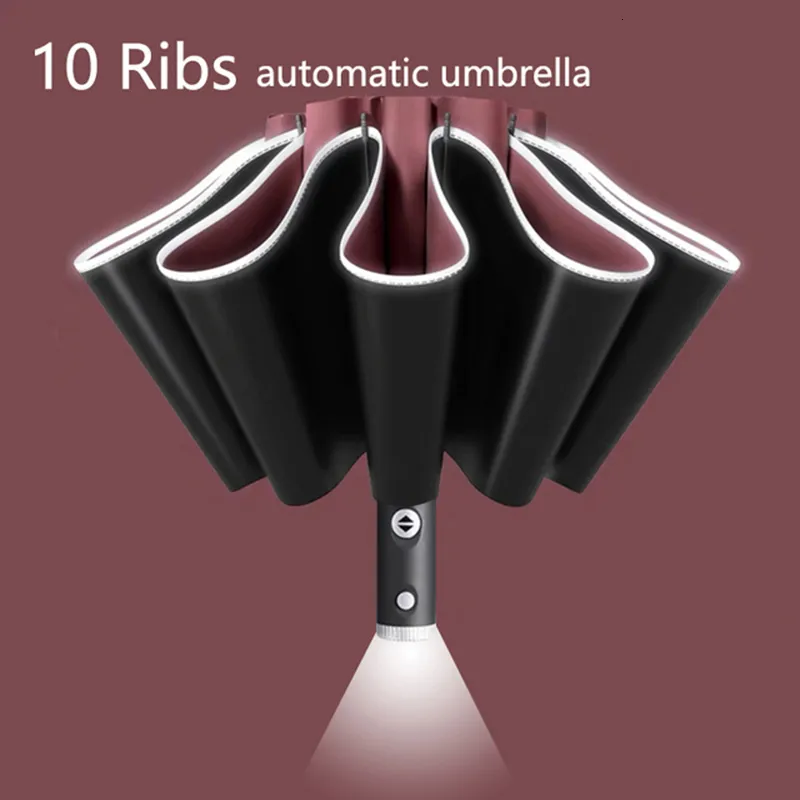 Ombrelli Ombrello UV completamente automatico con torcia a LED Striscia riflettente Reverse Large per pioggia Sole Isolamento termico Ombrellone 230627