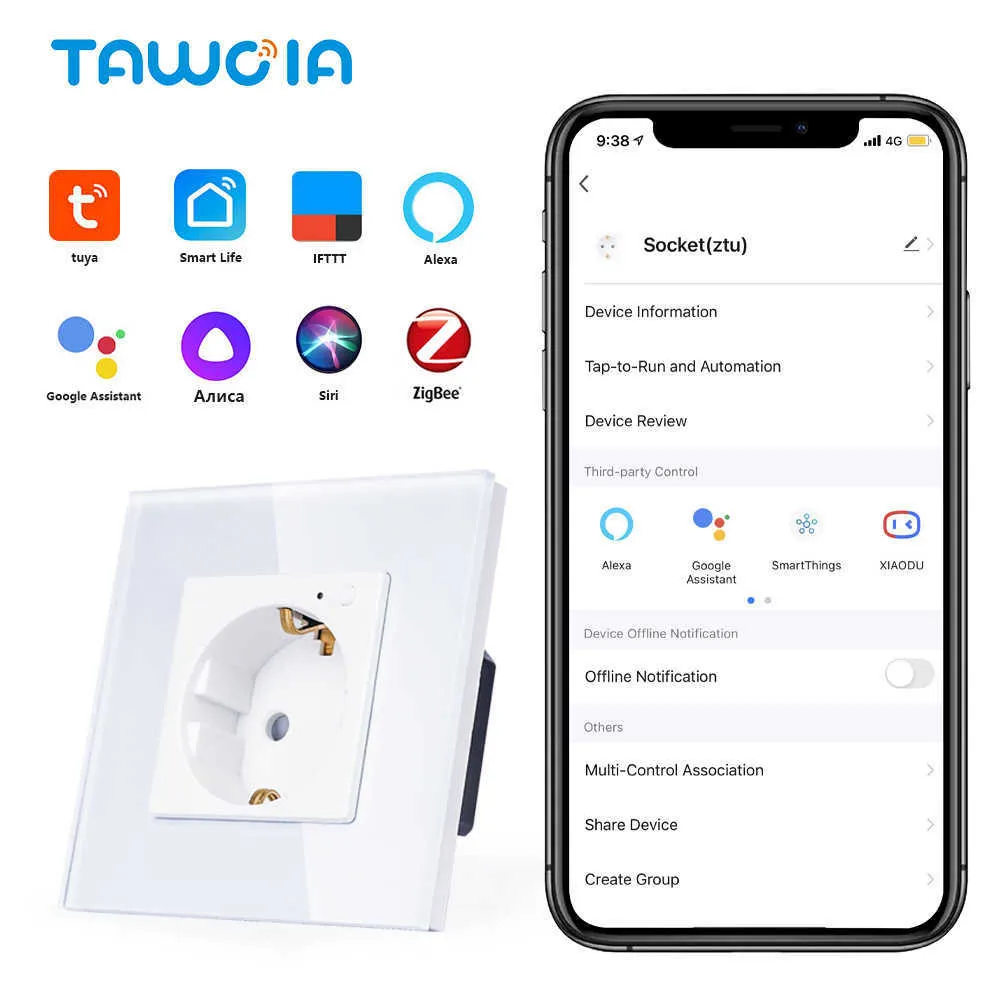 스마트 파워 플러그 Tawoia Zigbee Wall 소켓 EU 표준 크리스탈 유리 프레임 전원 전원 전기 콘센트 Alexa Tuya Home Yandex HKD230727과 함께 작동합니다.