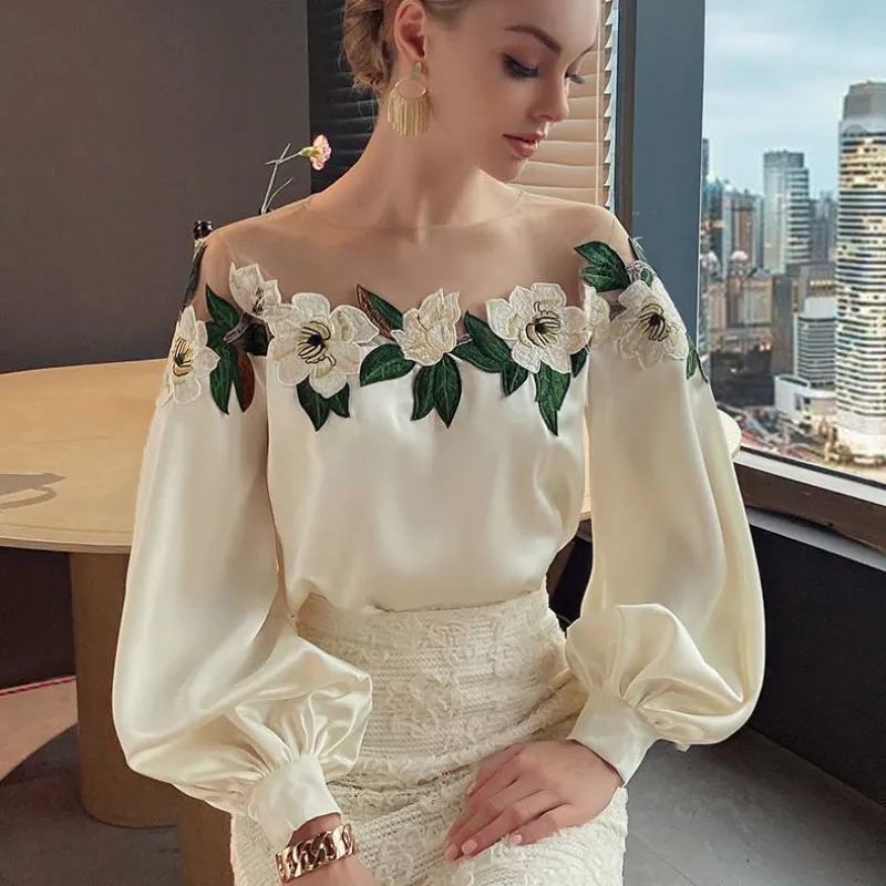 Women's Blouses Shirts Luxury Flowers Embroidery Mesh Stitching Satin Shirt Sweet Long Sleeved Faux Silk Blouses Loose OL Gauze Glossy Crop Tops Blusas 230726