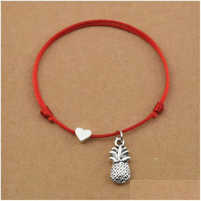 Charm Bracelets Handmade Lucky Red Cord Black Rope Tropical Fruits Ananas Pineapple Pingente Coração Para Mulheres Homens Casal Jóias Drop De Dhten