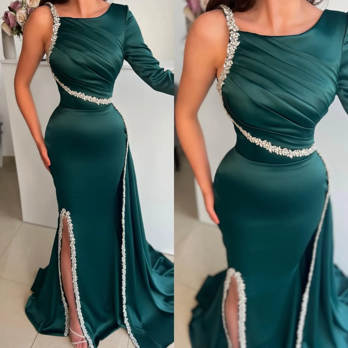 Dark Green Formal Mermaid Evening Dresses One Shoulder Beads Split Party Prom Dress Pleats Long Dress for red carpet special occasion