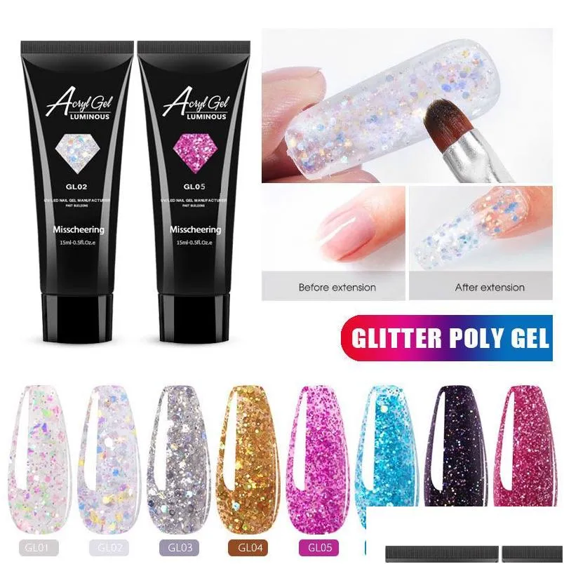 Vernis à Ongles 15Ml Uv/Led Poly Glitter Extension Gel Tout Pour Manucure Ongles Art Design Semi Permanent Vernis Base Drop Delivery Health Dhixa