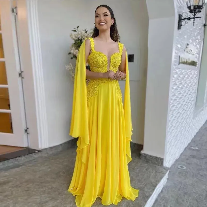 Nouveau superbe jaune bohème robes de bal en mousseline de soie une ligne robes de soirée 2021 avec Wrap dentelle appliques étage longueur femmes Maxi robe