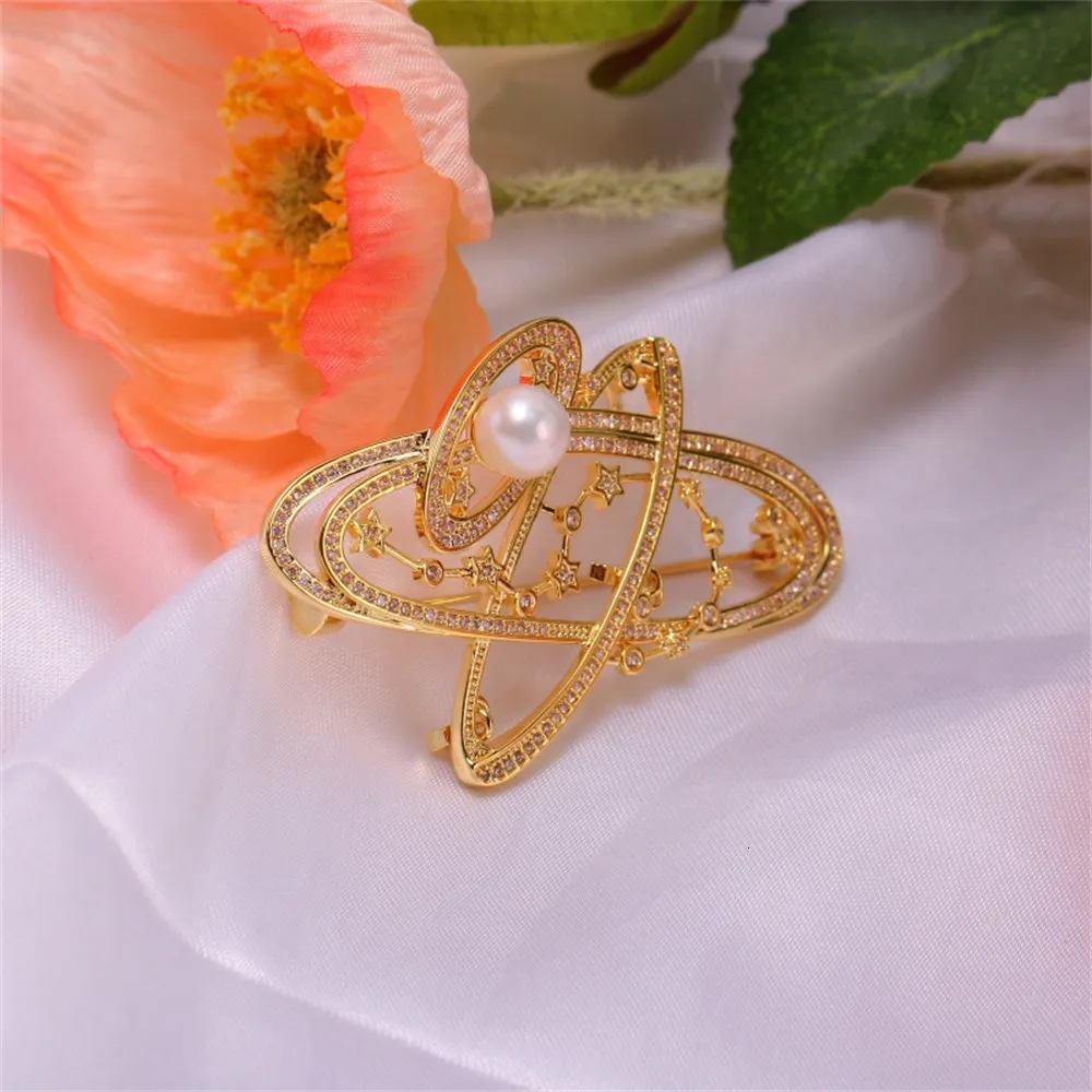 Pins Brooches DIY Accessories Copper Plated Gold Inlaid with Zircon Pearl Universe Brooch Empty Support 230727